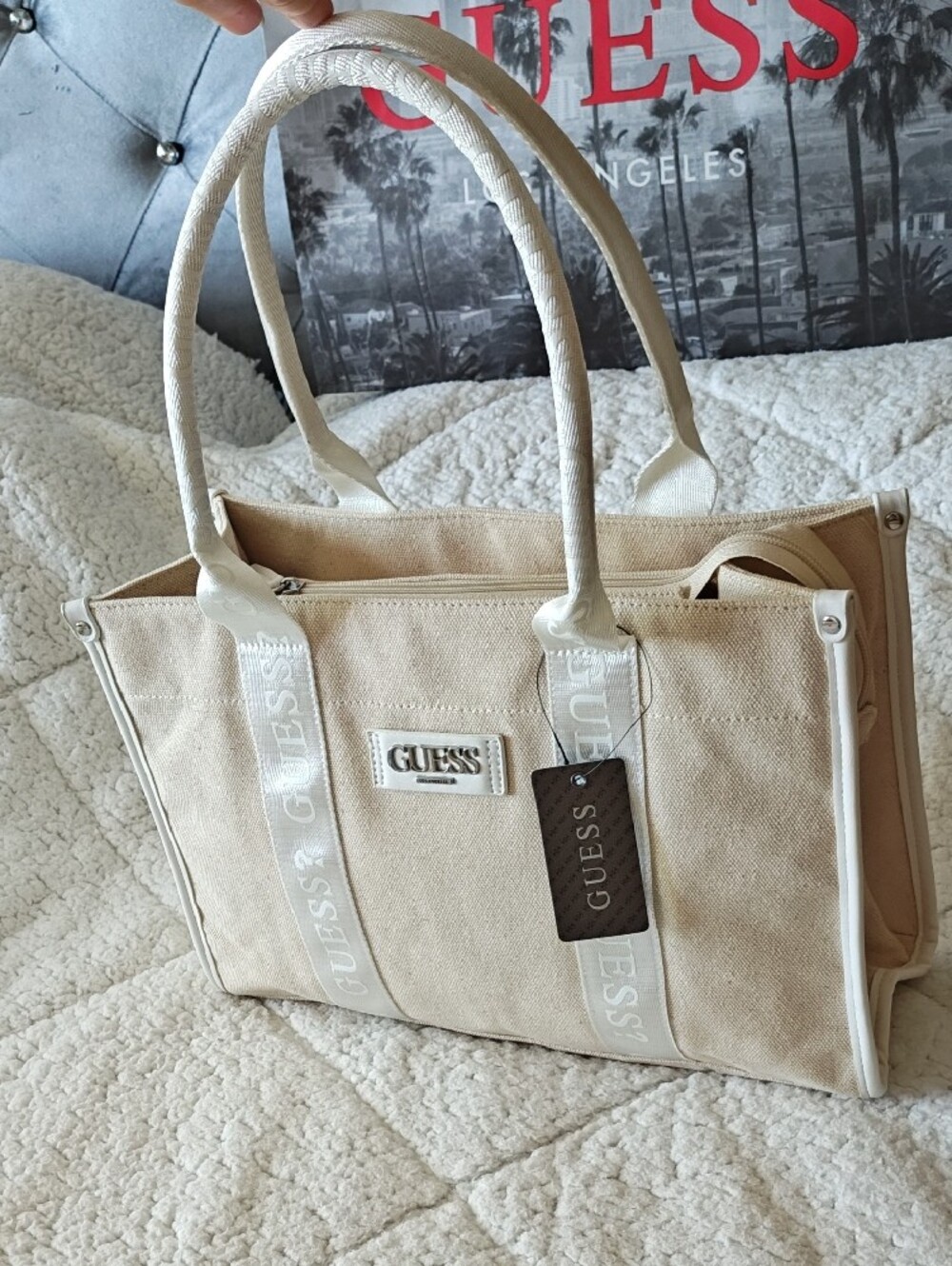 GUESS Beige Tote with White Trim and Logo Straps